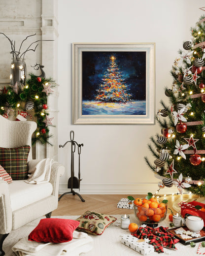 Midnight Christmas Tree Painting - Festive Wall Art for Holiday Decor