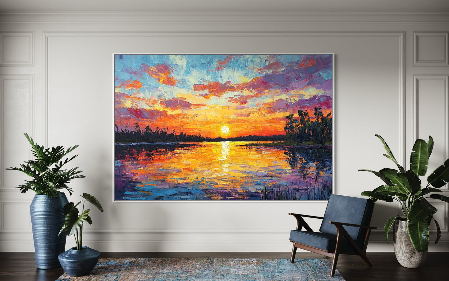 Quiet Sunset by the River – Tranquil Landscape Oil Painting for Relaxed Decor