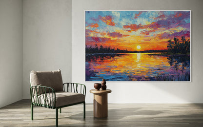 Quiet Sunset by the River – Tranquil Landscape Oil Painting for Relaxed Decor