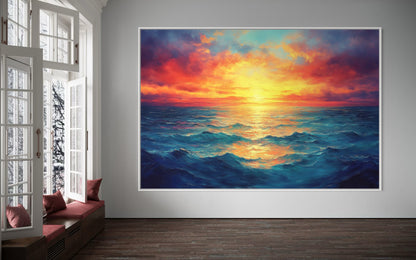 Ocean’s Glow – Vibrant Seascape Oil Painting of Sunset Over Waves