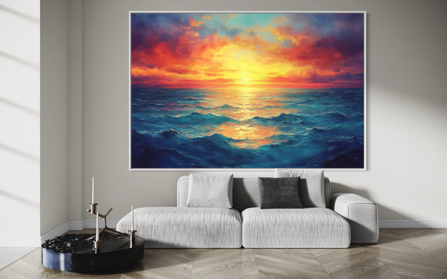 Ocean’s Glow – Vibrant Seascape Oil Painting of Sunset Over Waves