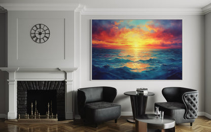 Ocean’s Glow – Vibrant Seascape Oil Painting of Sunset Over Waves