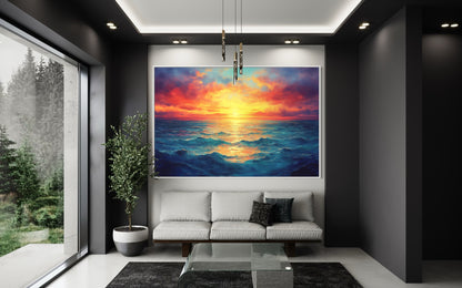 Ocean’s Glow – Vibrant Seascape Oil Painting of Sunset Over Waves