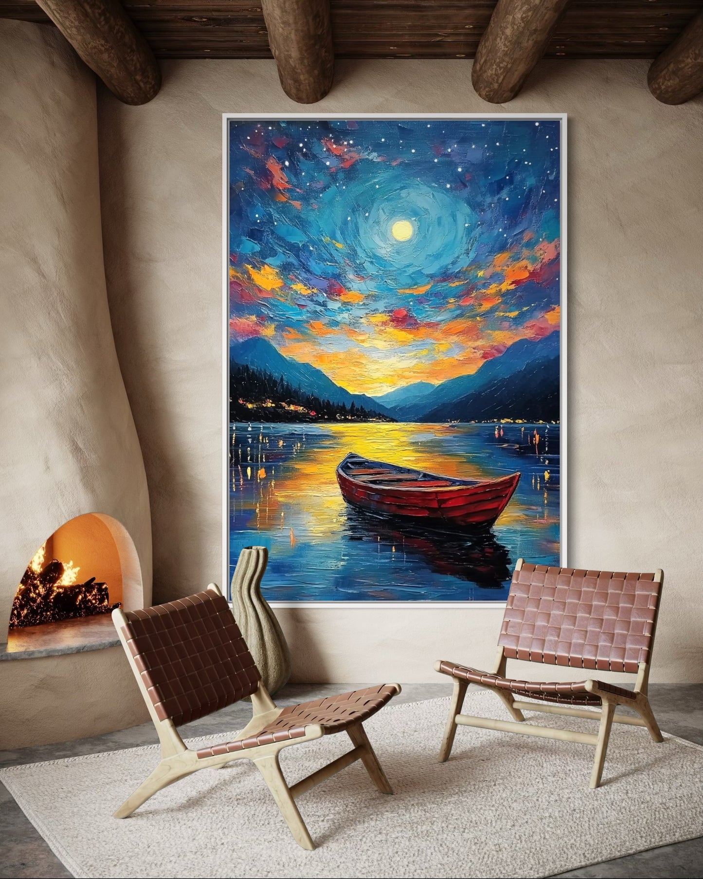 Moonlit Lake Oil Painting – Peaceful Night Landscape Wall Art for Bedroom