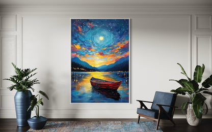 Moonlit Lake Oil Painting – Peaceful Night Landscape Wall Art for Bedroom