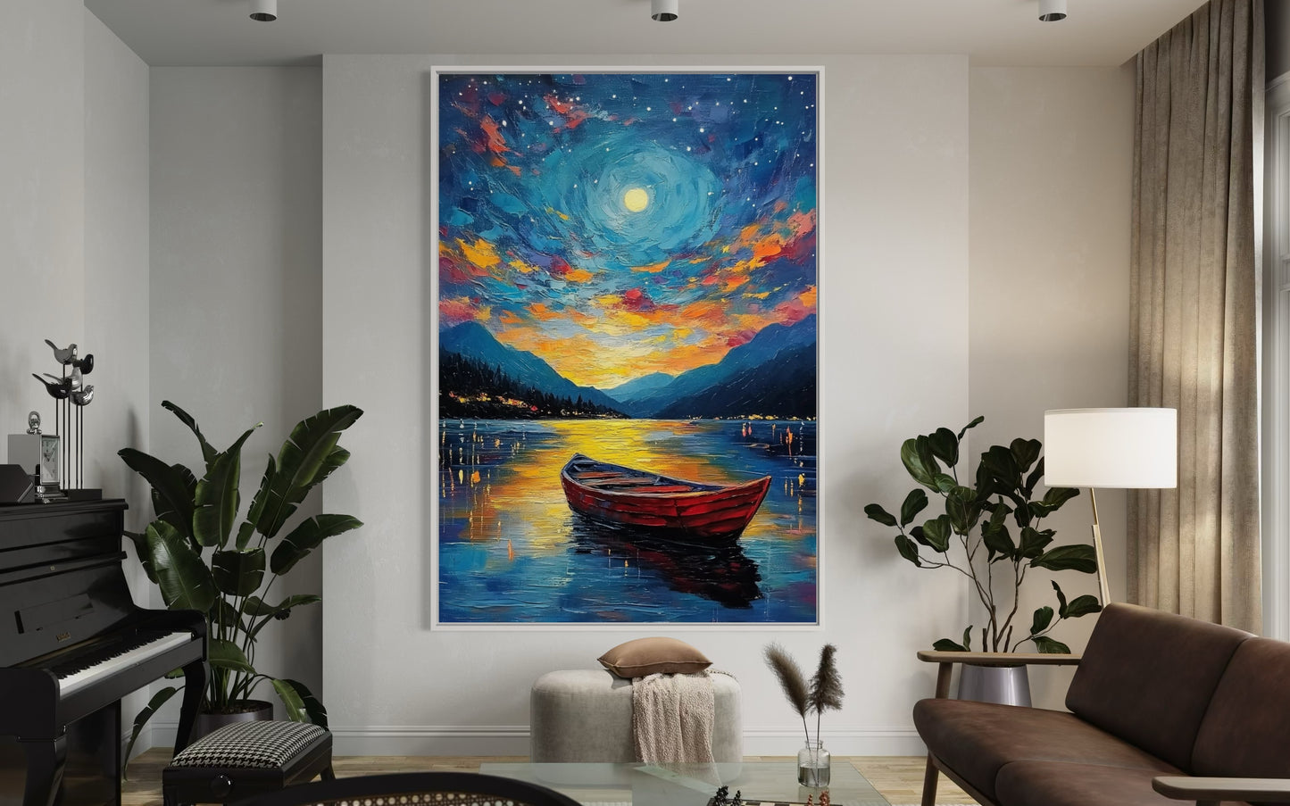 Moonlit Lake Oil Painting – Peaceful Night Landscape Wall Art for Bedroom