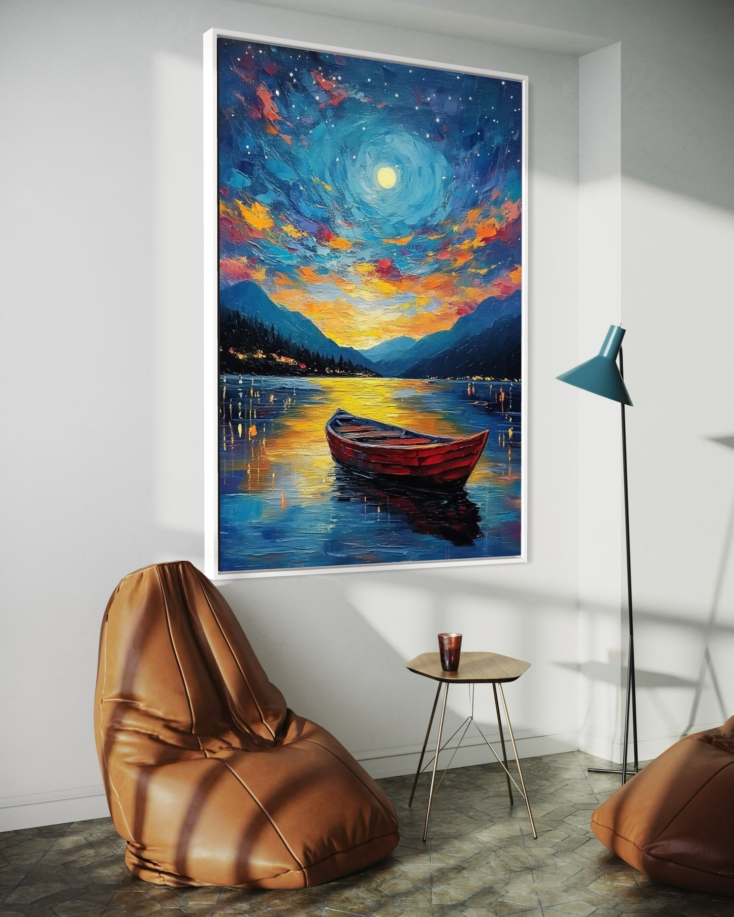 Moonlit Lake Oil Painting – Peaceful Night Landscape Wall Art for Bedroom