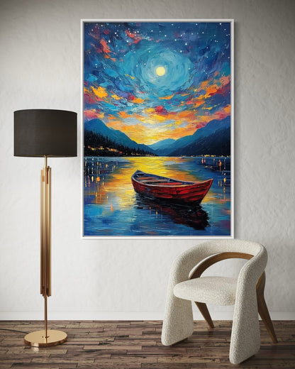 Moonlit Lake Oil Painting – Peaceful Night Landscape Wall Art for Bedroom