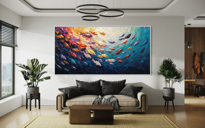 Colorful Fish in Motion – Horizontal Oil Painting for Vibrant Wall Art