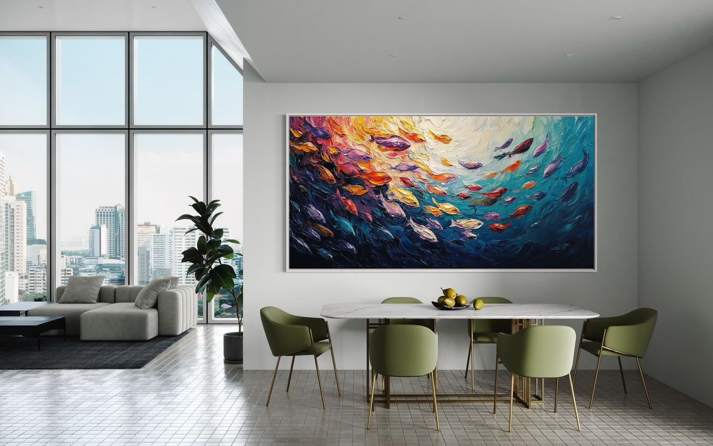 Colorful Fish in Motion – Horizontal Oil Painting for Vibrant Wall Art