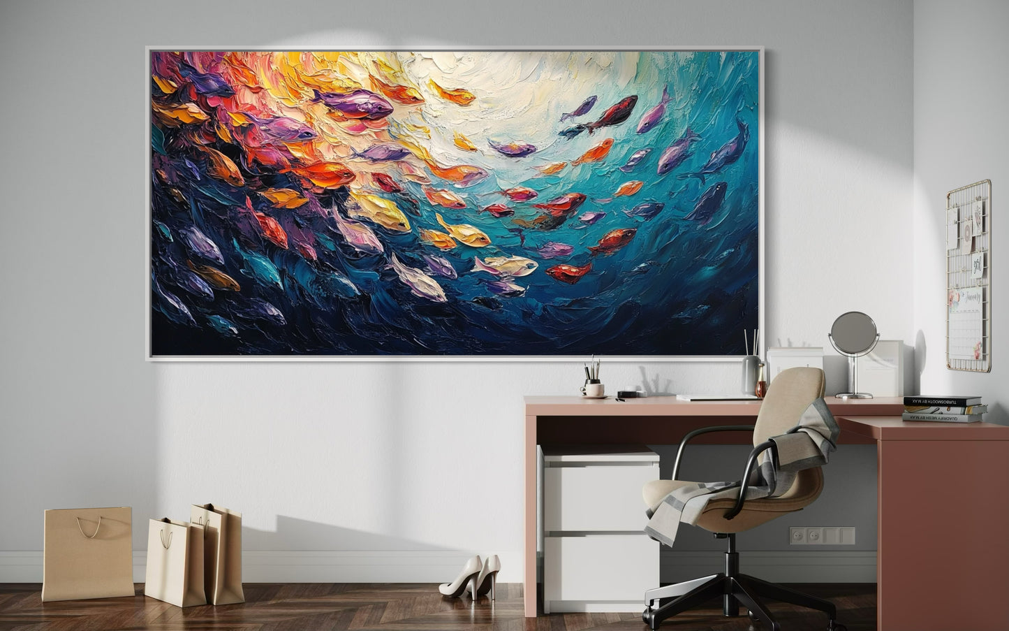 Colorful Fish in Motion – Horizontal Oil Painting for Vibrant Wall Art