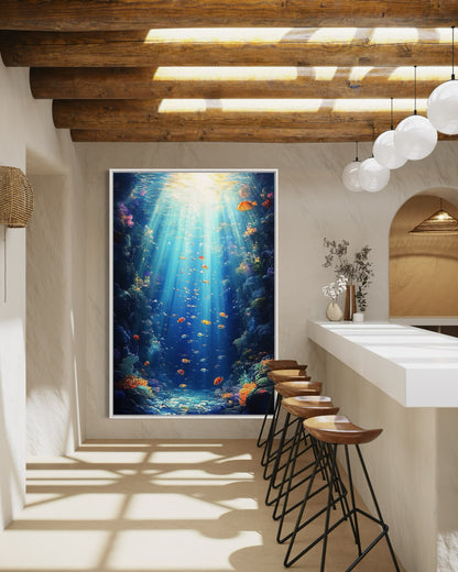 Deep Sea Radiance – Peaceful Oil Painting with Light Beams and Fish