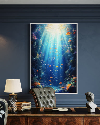 Deep Sea Radiance – Peaceful Oil Painting with Light Beams and Fish