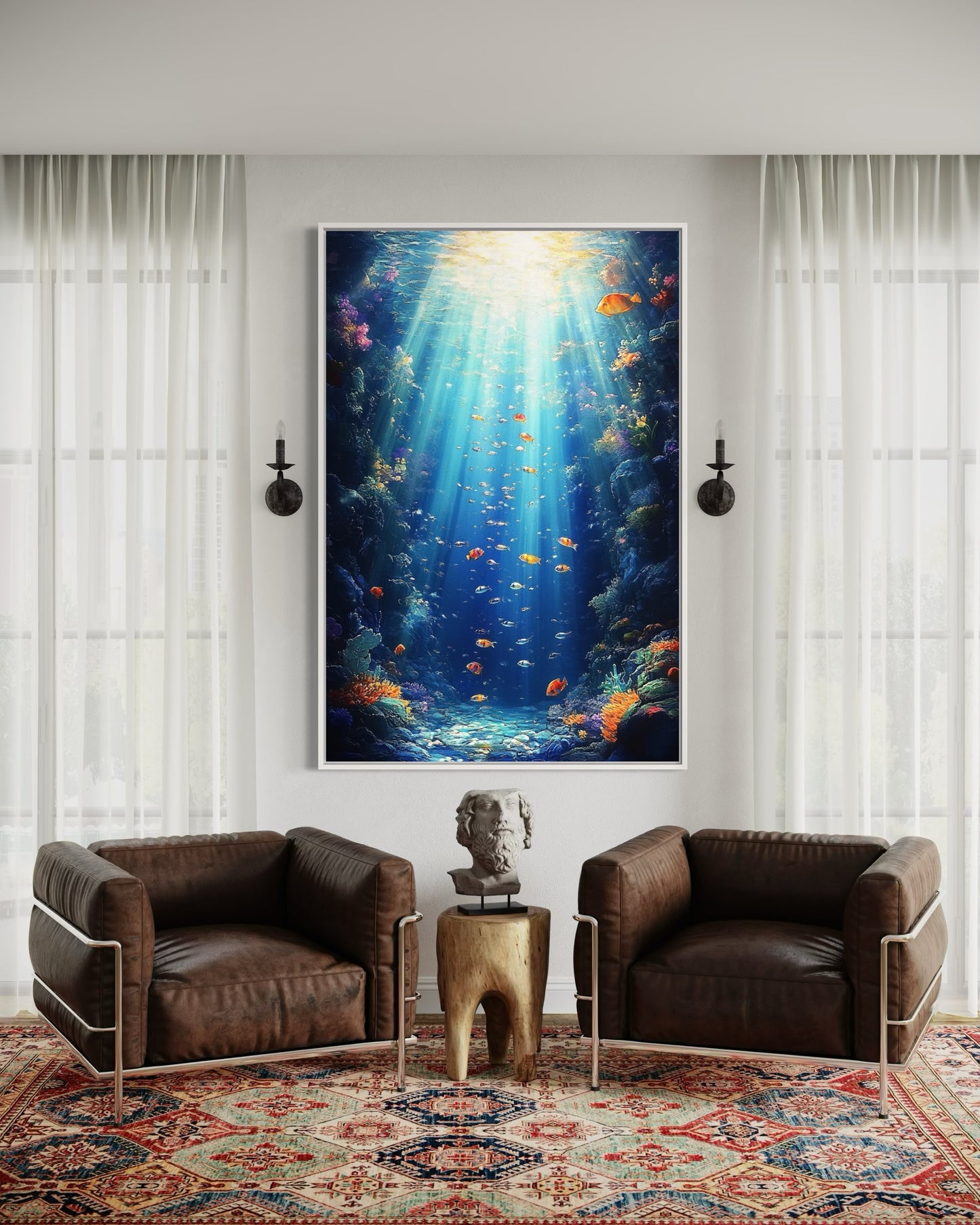 Deep Sea Radiance – Peaceful Oil Painting with Light Beams and Fish