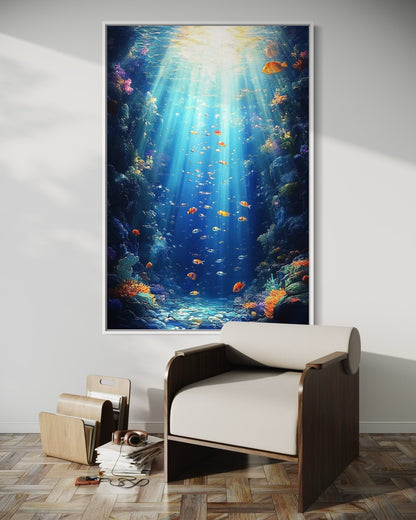 Deep Sea Radiance – Peaceful Oil Painting with Light Beams and Fish