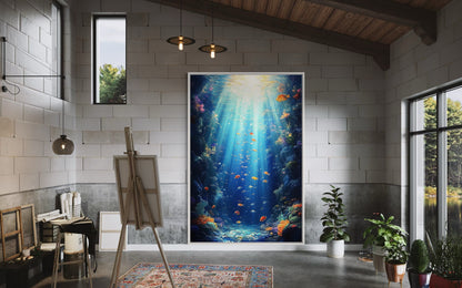 Deep Sea Radiance – Peaceful Oil Painting with Light Beams and Fish