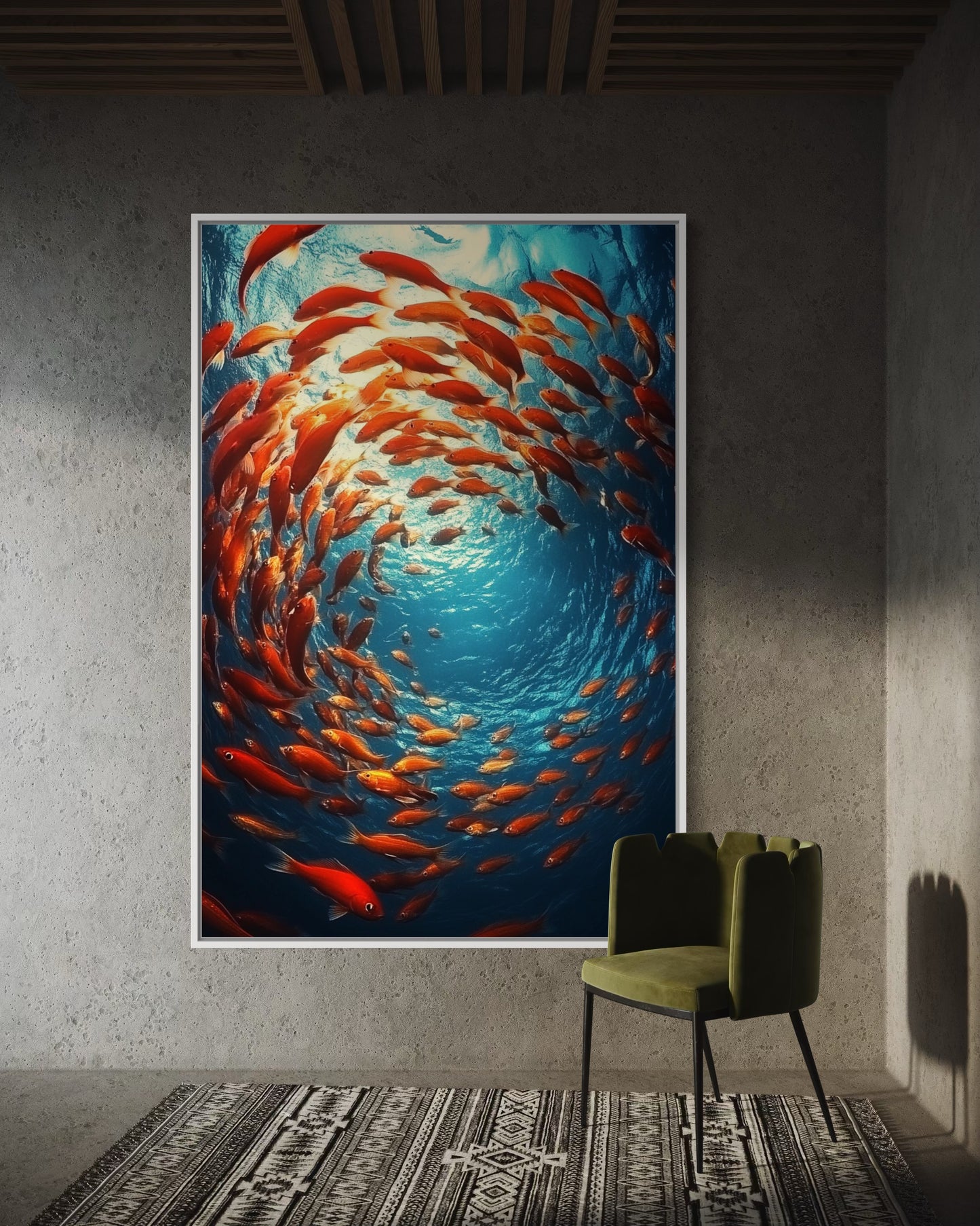 Swirling School of Fish – Underwater Oil Painting for Ocean Lovers