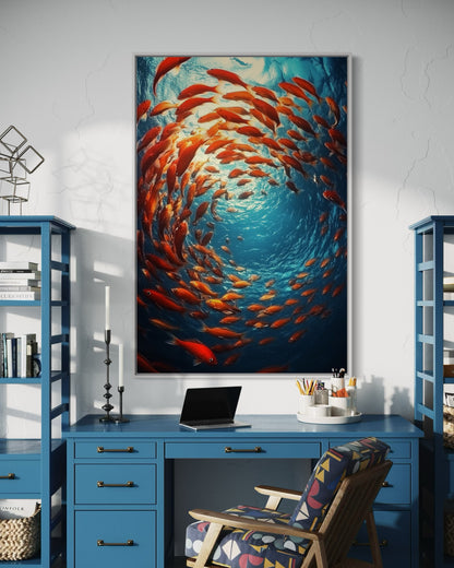 Swirling School of Fish – Underwater Oil Painting for Ocean Lovers