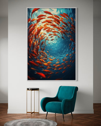 Swirling School of Fish – Underwater Oil Painting for Ocean Lovers