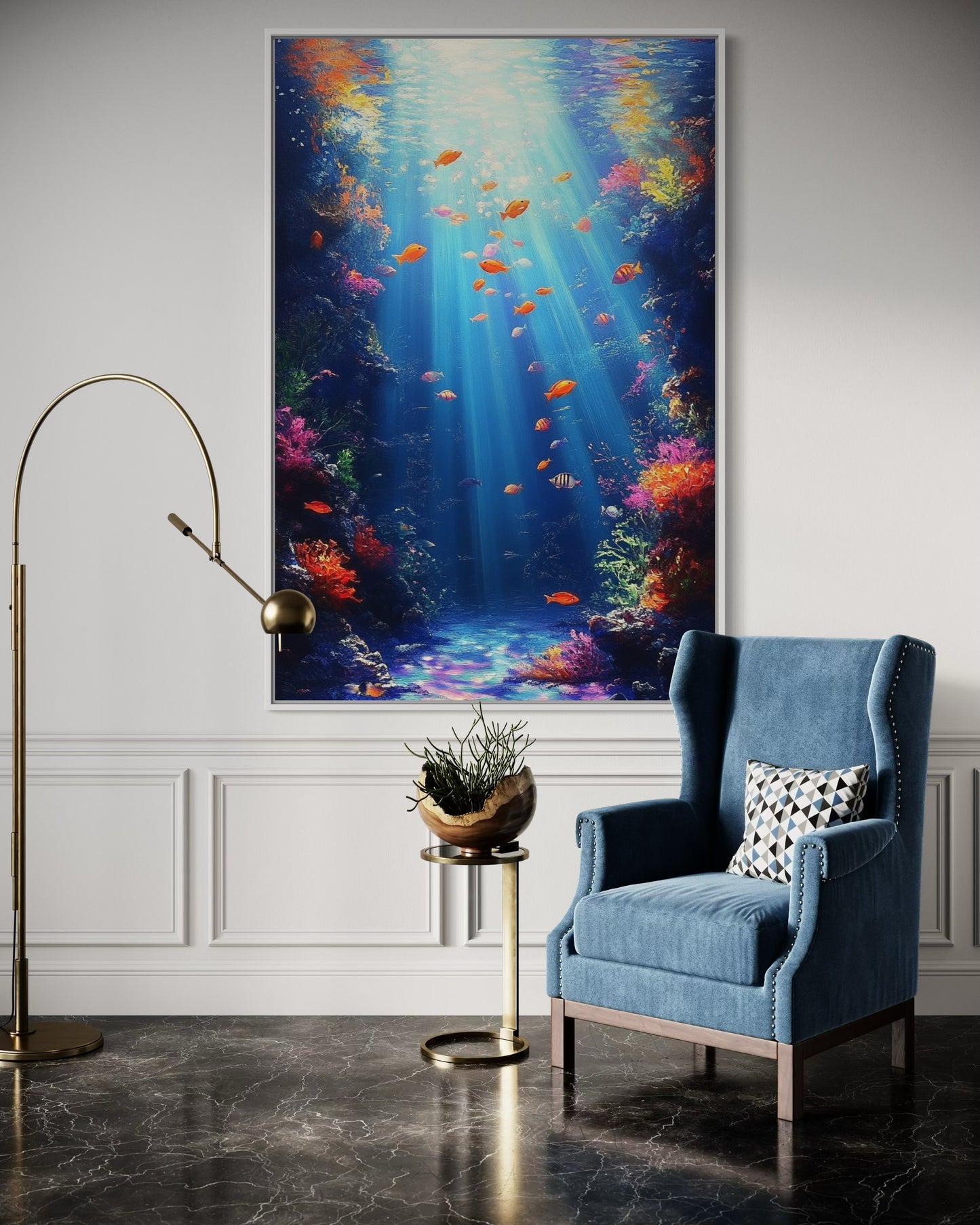 Sunlit Ocean Depths – Tranquil Underwater Oil Painting for Nature Decor