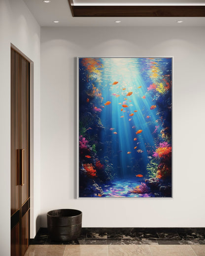 Sunlit Ocean Depths – Tranquil Underwater Oil Painting for Nature Decor