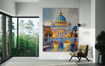 St. Peter’s Basilica at Dusk – Elegant Vatican City Oil Painting for Classic Interiors