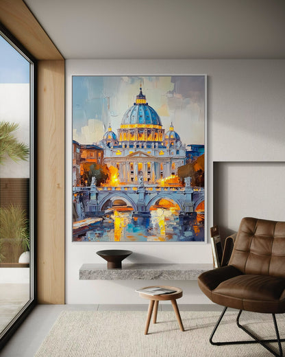 St. Peter’s Basilica at Dusk – Elegant Vatican City Oil Painting for Classic Interiors