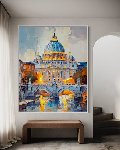 St. Peter’s Basilica at Dusk – Elegant Vatican City Oil Painting for Classic Interiors