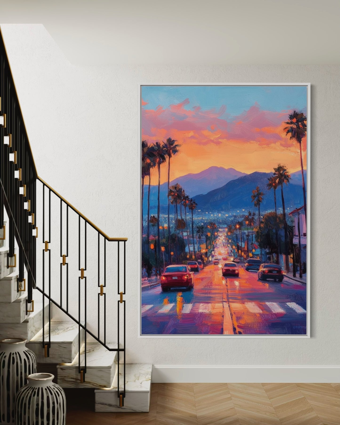 Sunset Boulevard Glow – Los Angeles Evening Oil Painting for Modern Decor