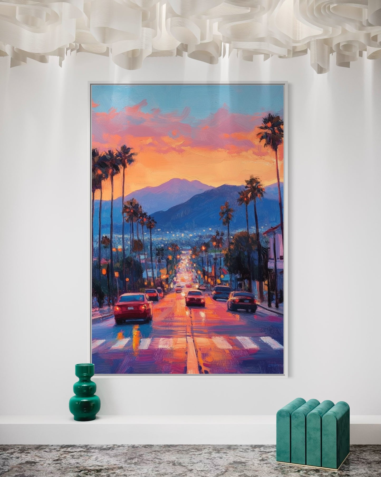 Sunset Boulevard Glow – Los Angeles Evening Oil Painting for Modern Decor