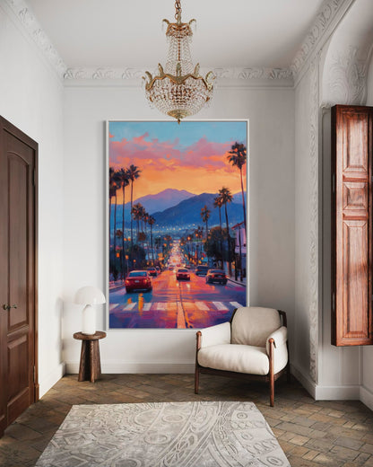 Sunset Boulevard Glow – Los Angeles Evening Oil Painting for Modern Decor