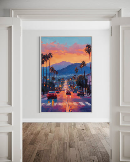 Sunset Boulevard Glow – Los Angeles Evening Oil Painting for Modern Decor