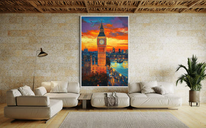 Big Ben at Sunset – London Icon in Bold Oil Painting for Classic Decor