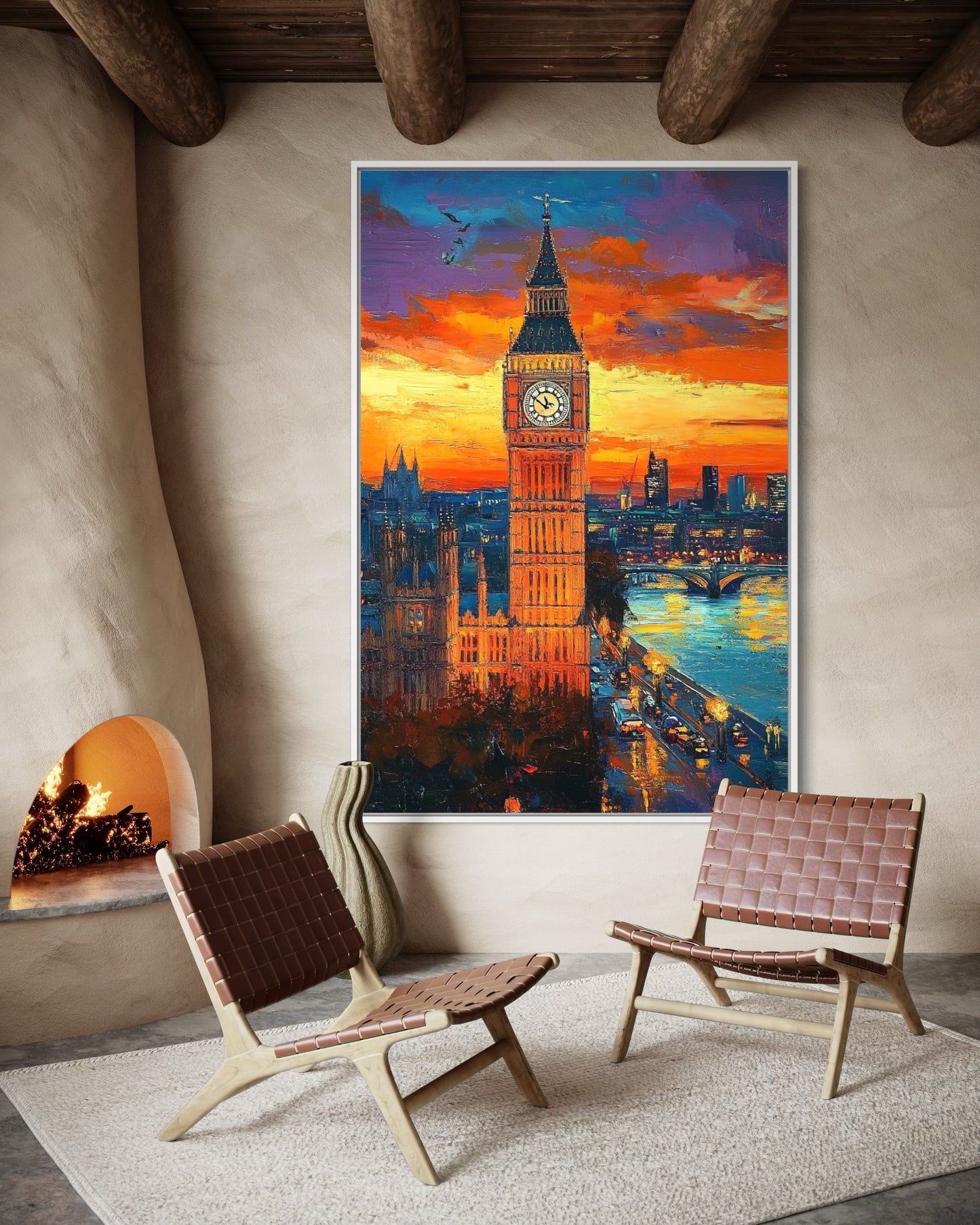 Big Ben at Sunset – London Icon in Bold Oil Painting for Classic Decor