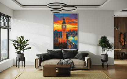 Big Ben at Sunset – London Icon in Bold Oil Painting for Classic Decor