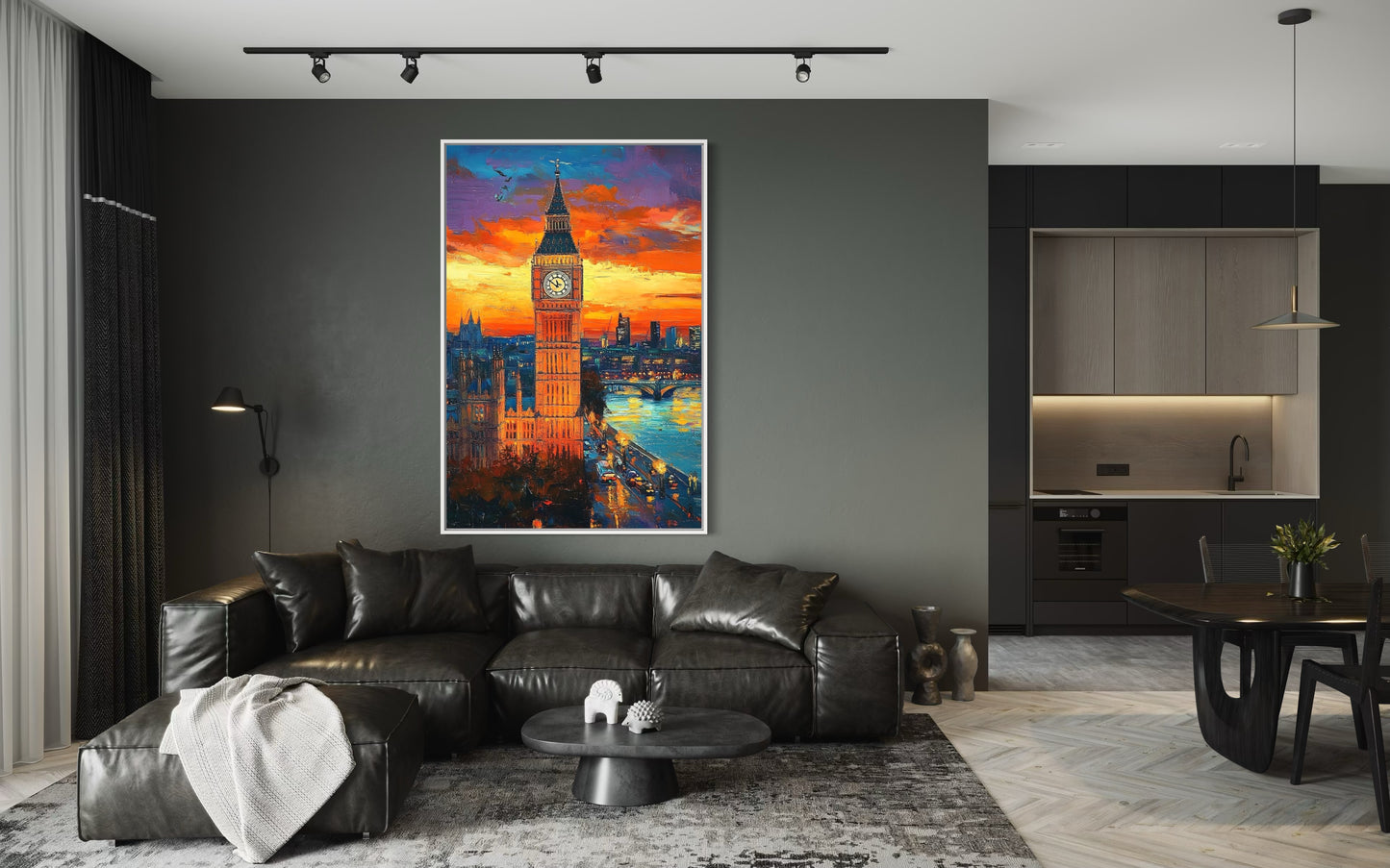 Big Ben at Sunset – London Icon in Bold Oil Painting for Classic Decor