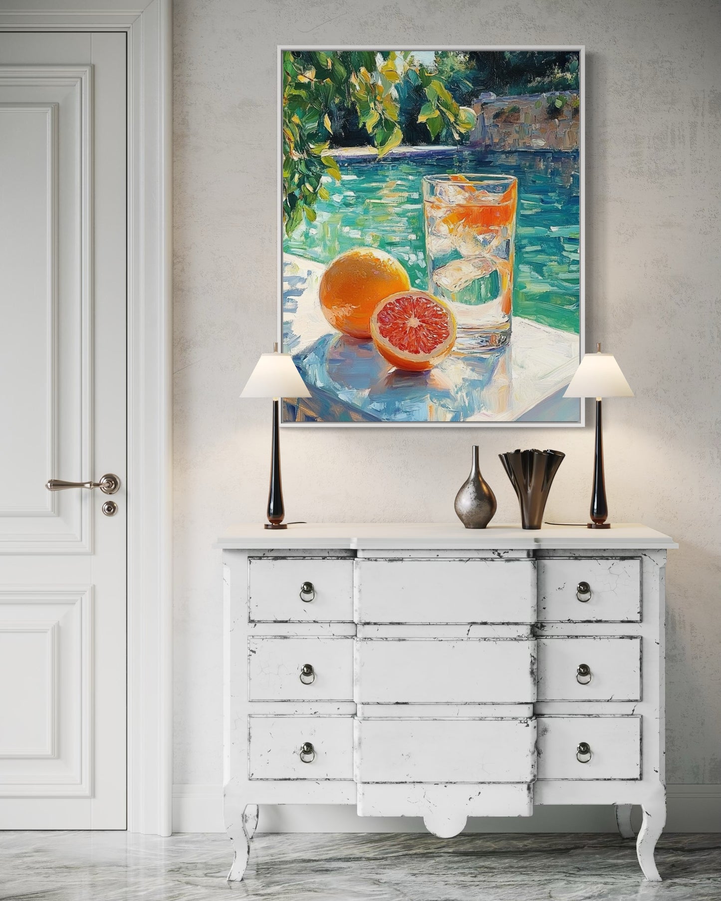 Citrus & Ice by the Pool – Vibrant Summertime Oil Painting for Fresh Decor