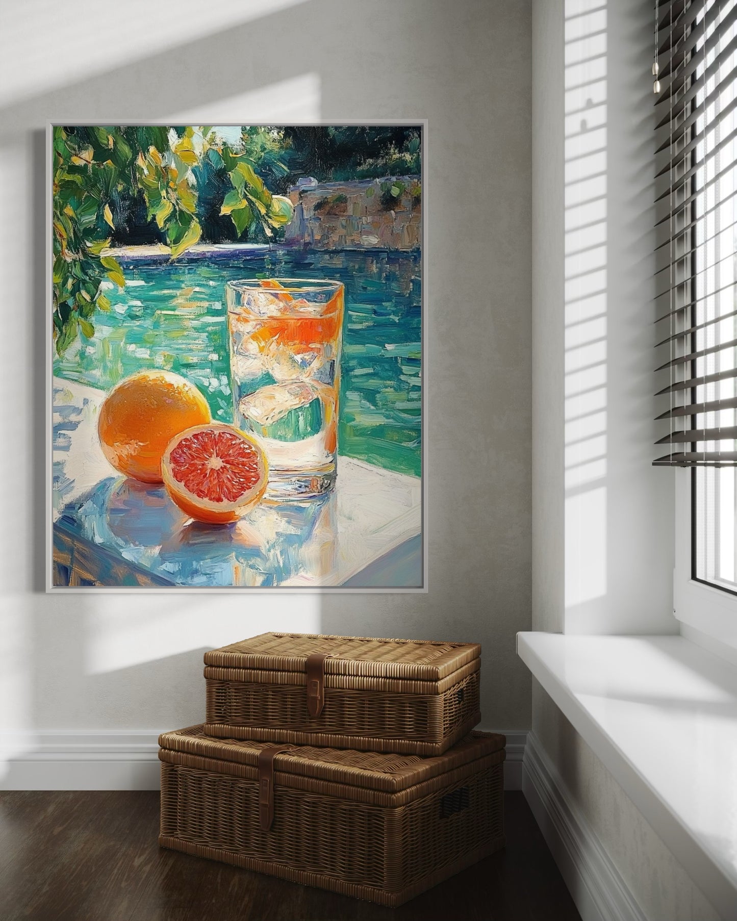 Citrus & Ice by the Pool – Vibrant Summertime Oil Painting for Fresh Decor