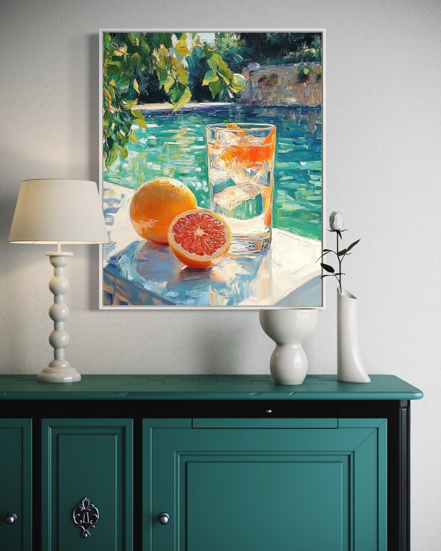 Citrus & Ice by the Pool – Vibrant Summertime Oil Painting for Fresh Decor