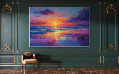 Serene Waves Oil Painting – Tranquil Ocean Sunset Wall Art for Living Room Decor