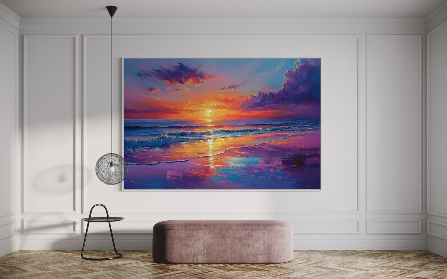 Serene Waves Oil Painting – Tranquil Ocean Sunset Wall Art for Living Room Decor