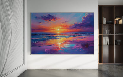 Serene Waves Oil Painting – Tranquil Ocean Sunset Wall Art for Living Room Decor