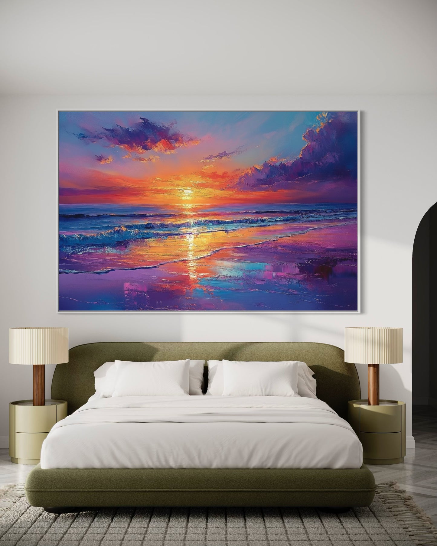 Serene Waves Oil Painting – Tranquil Ocean Sunset Wall Art for Living Room Decor