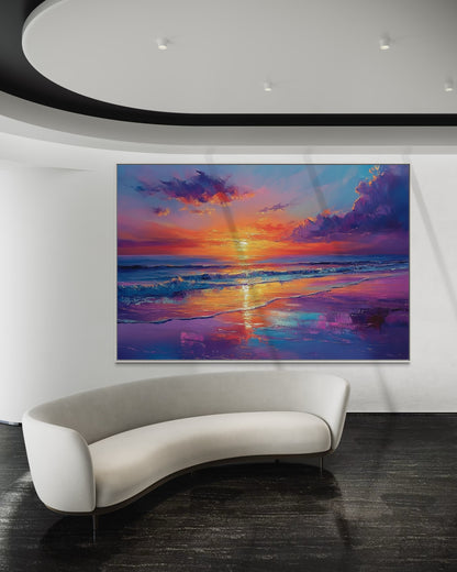 Serene Waves Oil Painting – Tranquil Ocean Sunset Wall Art for Living Room Decor