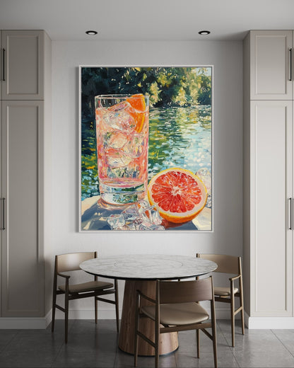 Citrus Cooler by the Lake – Vibrant Still Life Oil Painting for Summer Decor