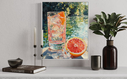 Citrus Cooler by the Lake – Vibrant Still Life Oil Painting for Summer Decor