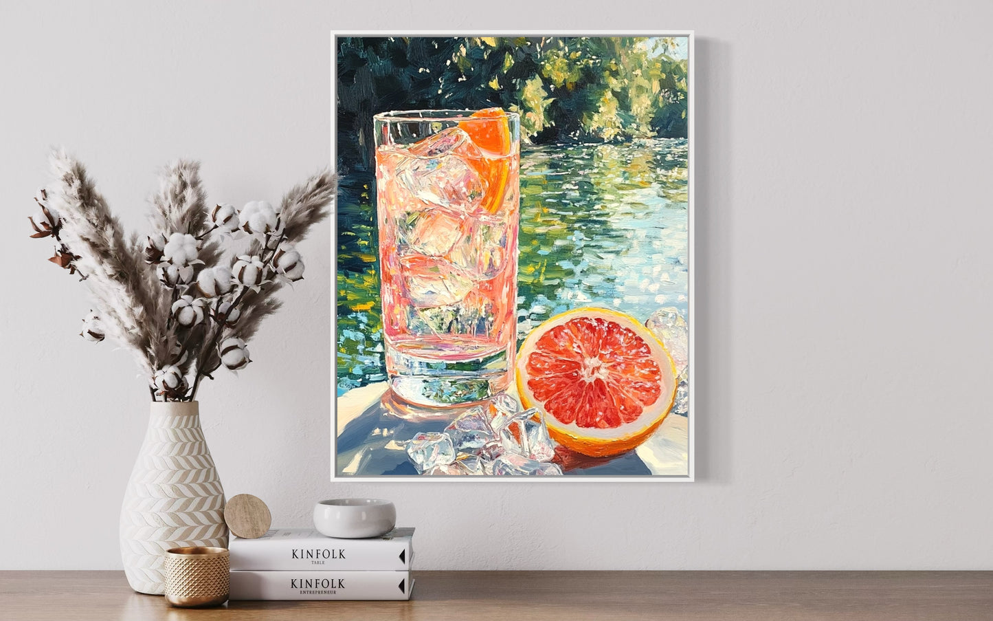 Citrus Cooler by the Lake – Vibrant Still Life Oil Painting for Summer Decor