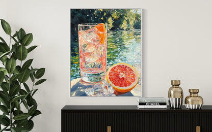 Citrus Cooler by the Lake – Vibrant Still Life Oil Painting for Summer Decor