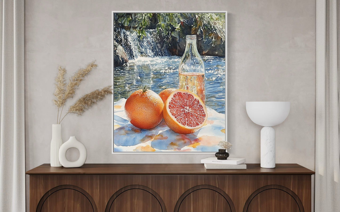 Grapefruit by the Waterfall – Natural Citrus Still Life Oil Painting