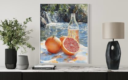 Grapefruit by the Waterfall – Natural Citrus Still Life Oil Painting